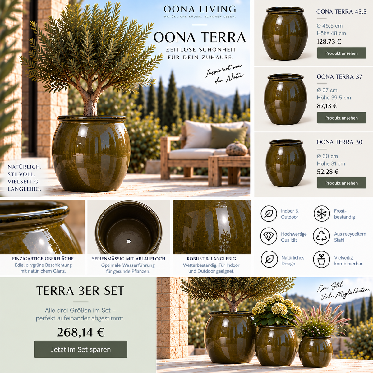 OONA TERRA 3er Set Blumentöpfe Olivgrün Hochglanz